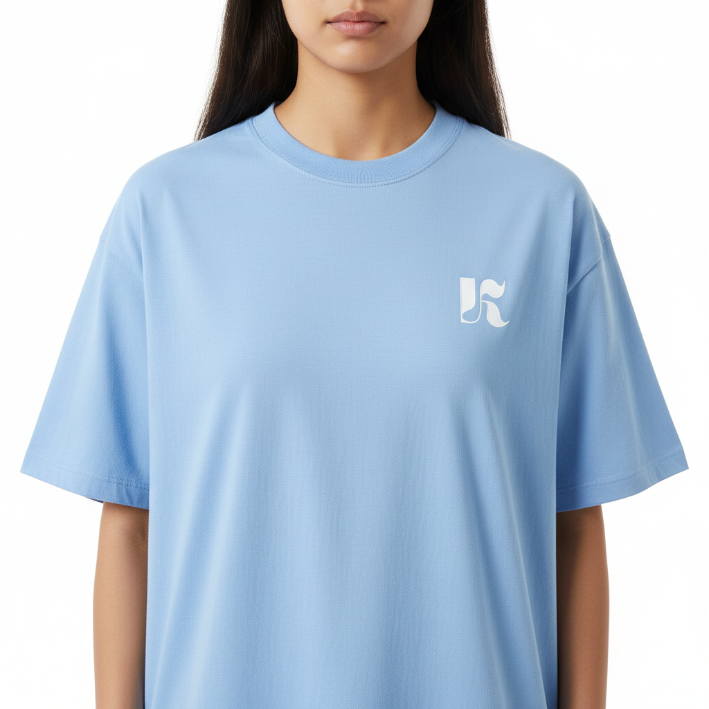 Essential Tee Blue — Close-up K Monogram