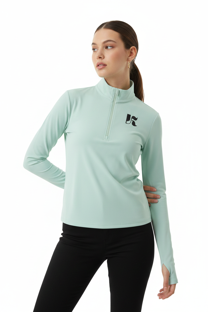 Mint Bloom quarter zip front model
